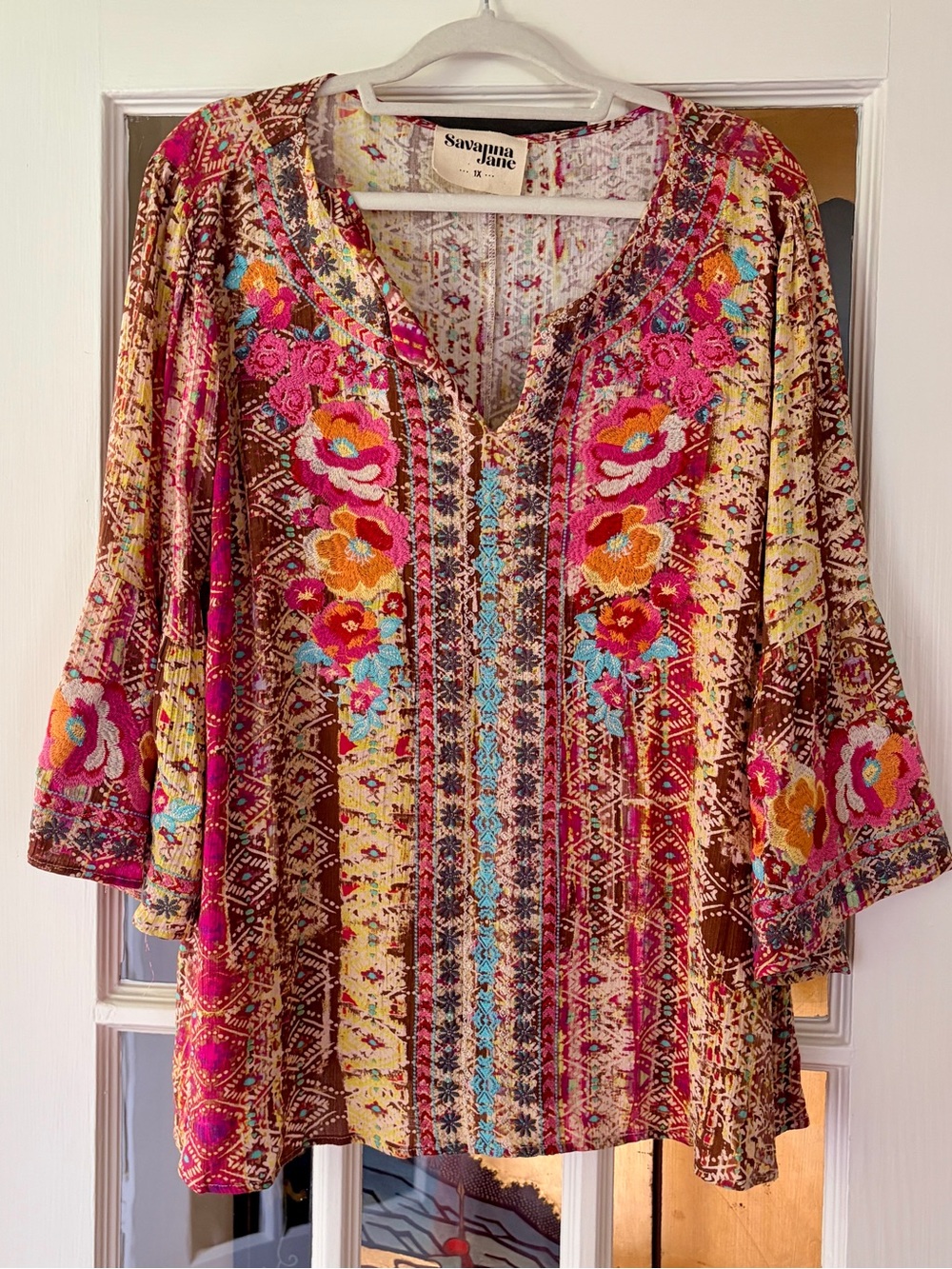 Savanna Jane Embroidered Boho Peasant Blouse SZ 1X Bell Sleeves
